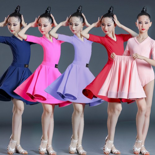 Children girls pink blue red Latin dance dresses professional latin ballroom dancing costumes grading split practice big skirt